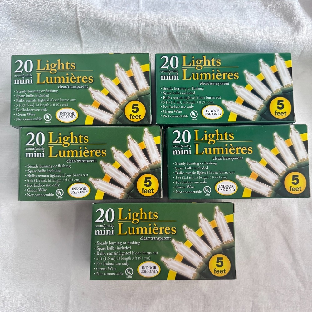 5 Pack Mini Christmas Lights 20 Bulbs HOLIDAY DECOR Green Wire CLEAR LIGHTS 5 Ft